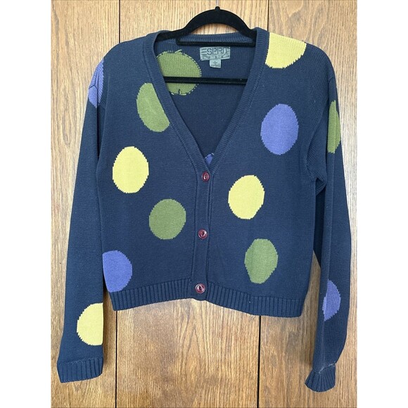 VTG Esprit Sport Navy Blue Polka Dot Button-Down Cardigan Sweater - 80s, Size L - Picture 1 of 7